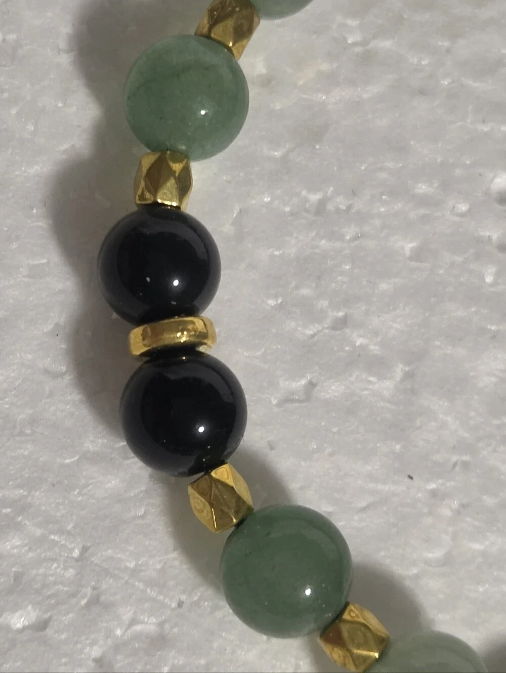 Handcrafted Green & Black Beaded Stretch Bracelet with Gold Accents